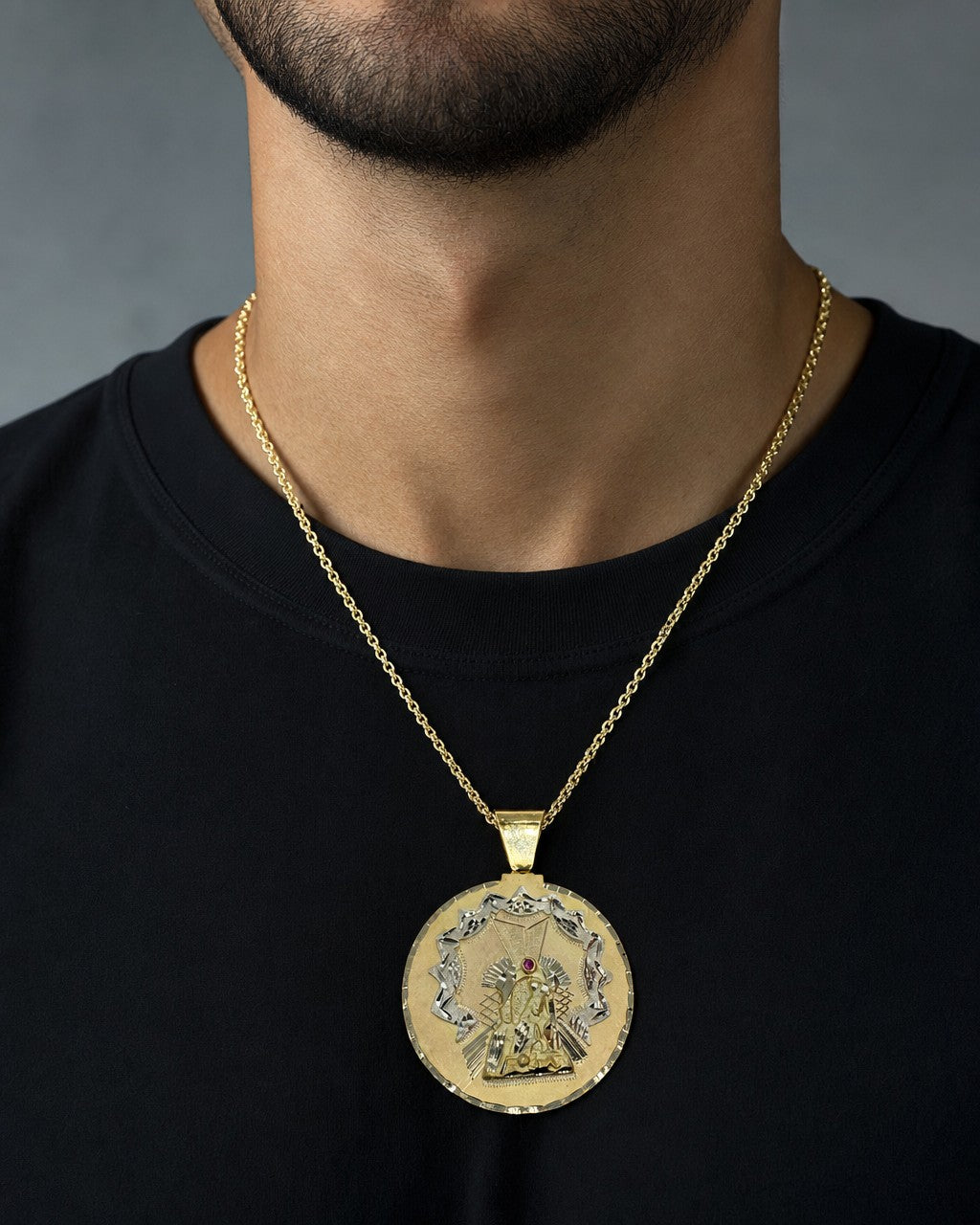Male model wearing 14K Saint Caridad del Cobre Round Medallion Pendant 2.75"