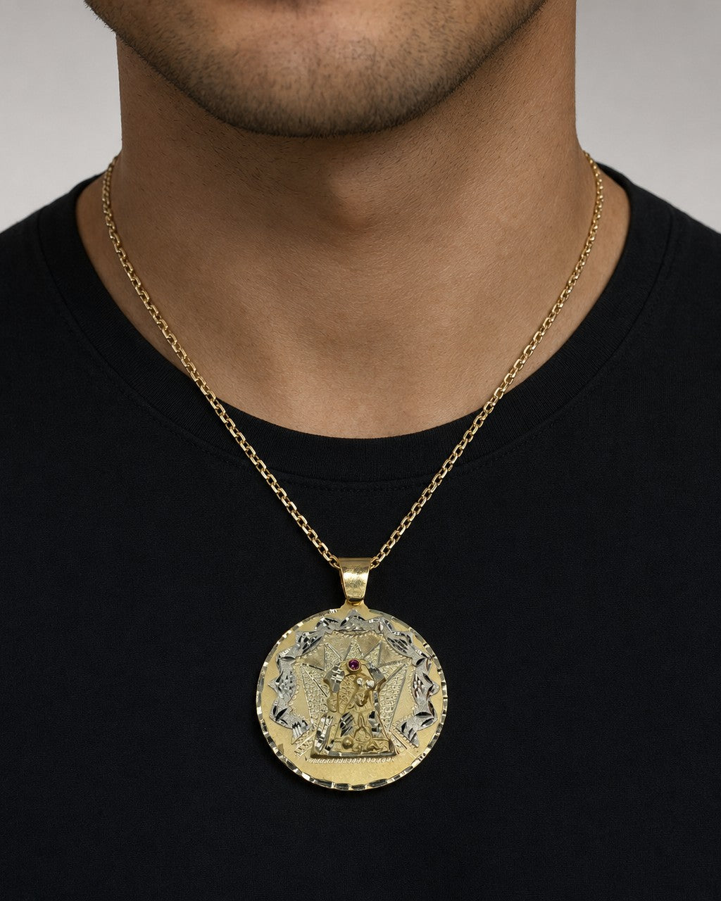 Male model wearing 14K Saint Caridad del Cobre Round Medallion Pendant 2.5"