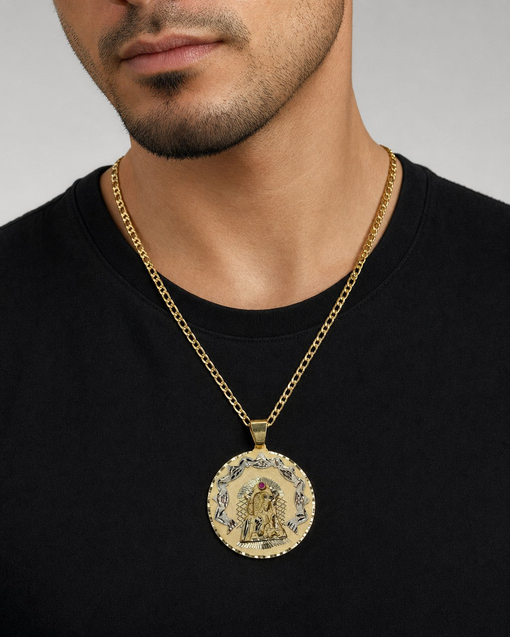 Male model wearing 14K Saint Caridad del Cobre Round Medallion Pendant 2.5"
