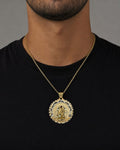 Male model wearing 14K Saint Caridad del Cobre Round Medallion Pendant 1.25"