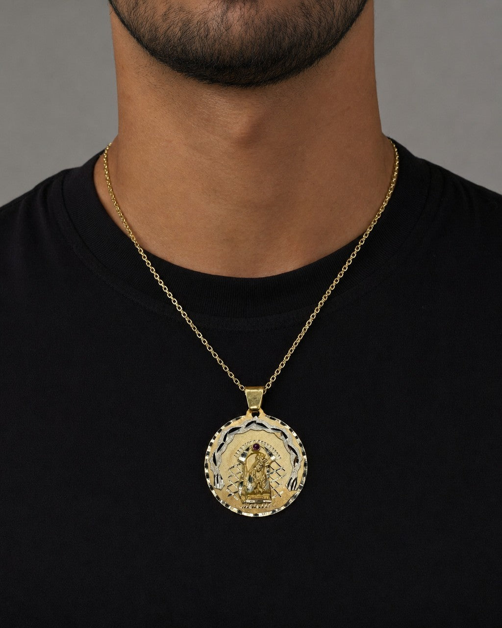 Male model wearing 14K Saint Caridad del Cobre Round Medallion Pendant 1.25"