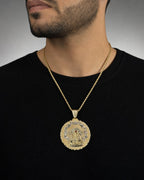 Male model wearing 14K Saint Caridad del Cobre Round Medallion Pendant 2.8"