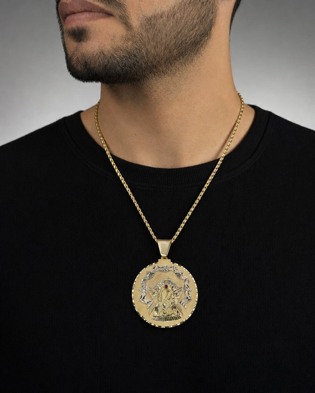 Male model wearing 14K Saint Caridad del Cobre Round Medallion Pendant 2.8"
