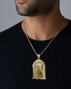 Male model wearing 14K Saint Barbara Medallion Pendant 2.0"