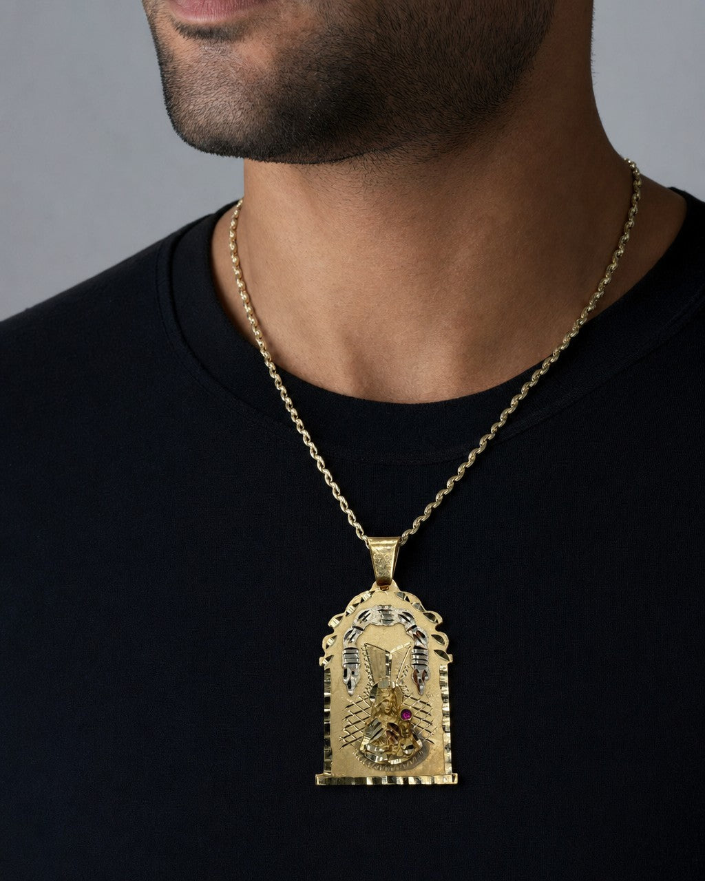 Male model wearing 14K Saint Barbara Medallion Pendant 2.0"