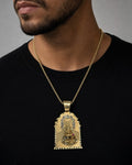 Male model wearing 14K Saint Barbara Medallion Pendant 2.5"
