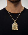 Male model wearing 14K Saint Barbara Medallion Pendant 3.0"