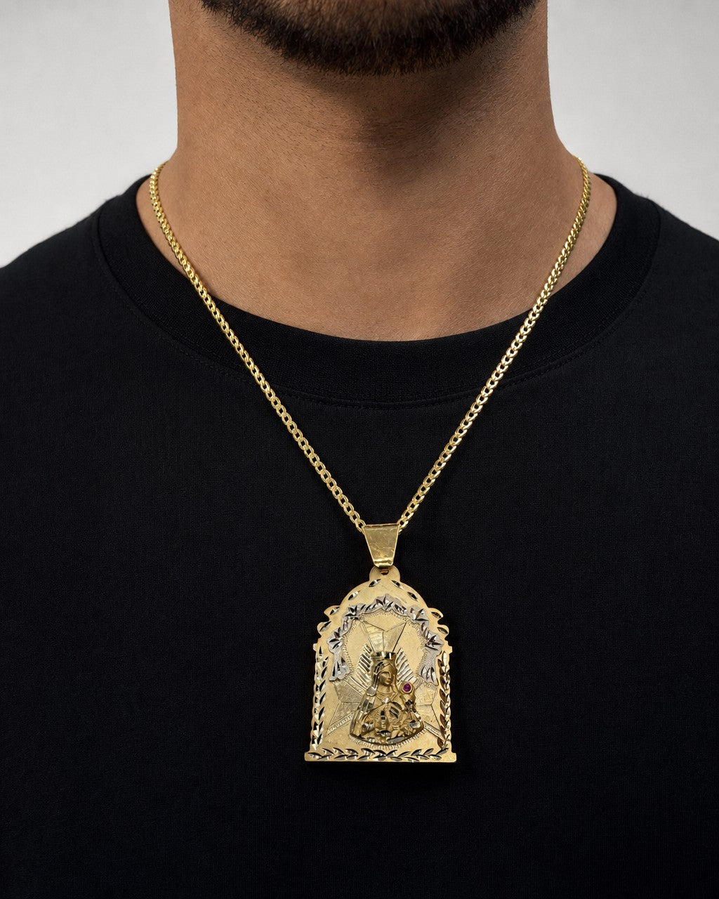 Male model wearing 14K Saint Barbara Medallion Pendant 3.0"