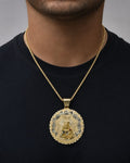 Male model wearing 14K Saint Barbara Round Medallion Pendant 2.5"