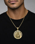 Male model wearing 14K Saint Barbara Round Medallion Pendant 3.25"