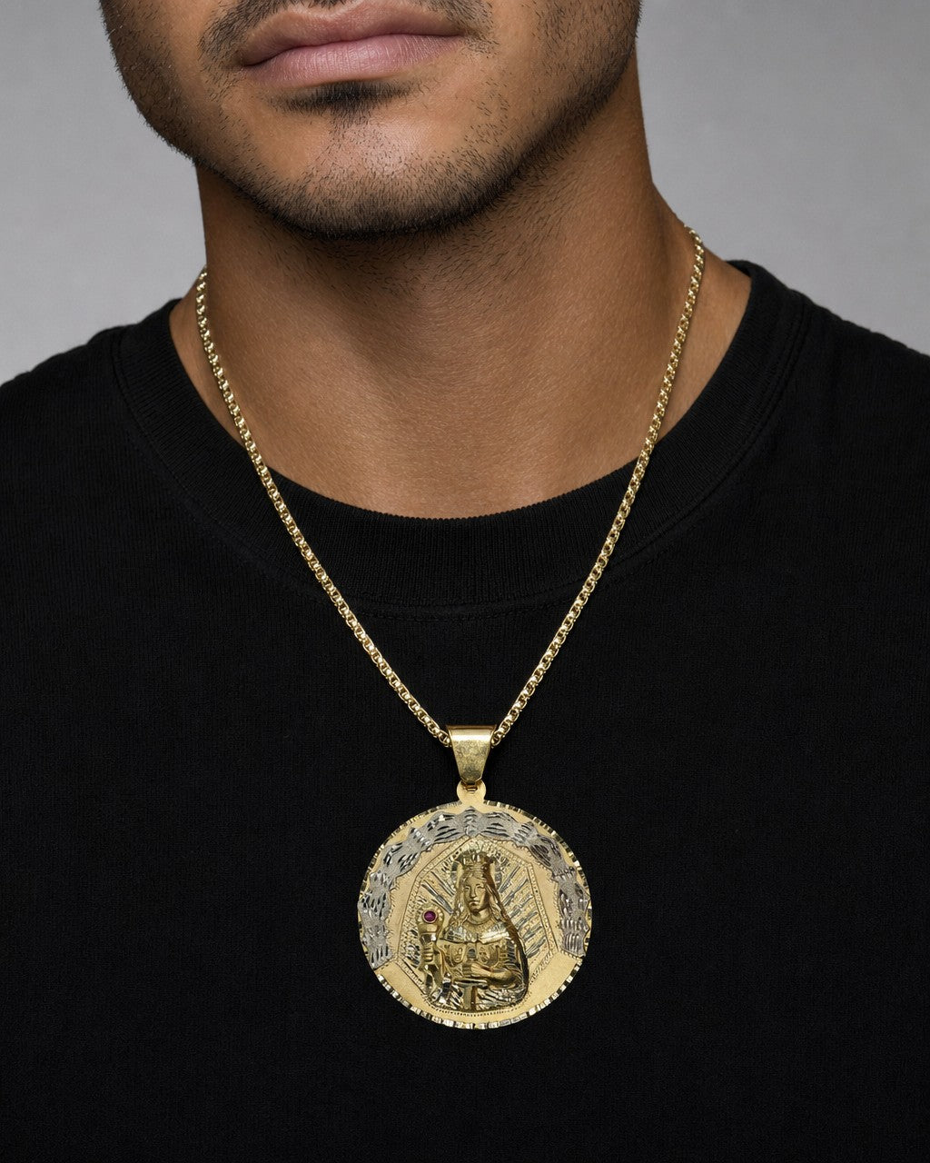 Male model wearing 14K Saint Barbara Round Medallion Pendant 3.25"