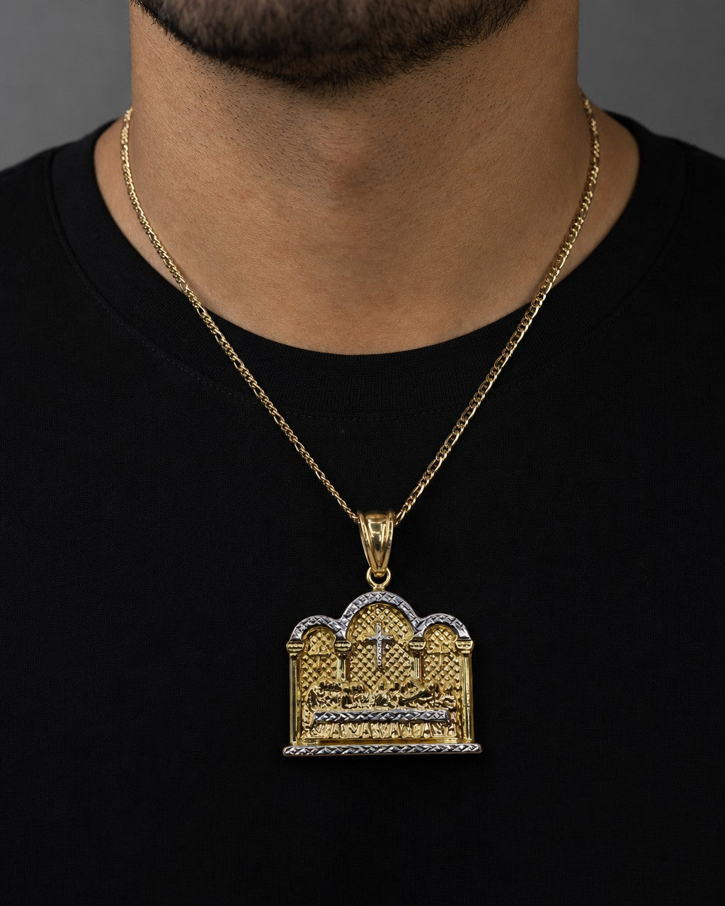Male model wearing 14K Last Supper Cathedral Pendant