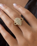 Female model wearing 14K Large Pear Shape Diamond Engagement Ring