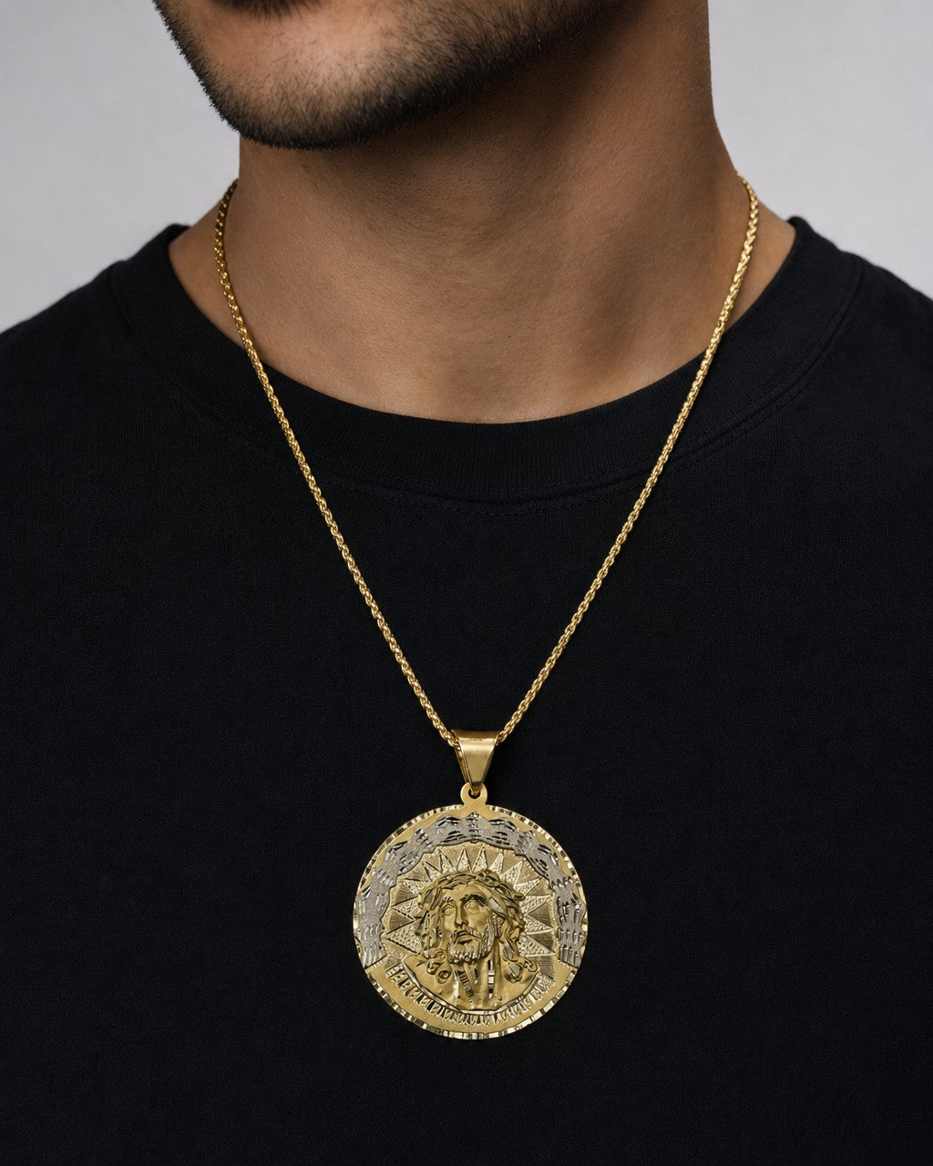 Male model wearing 14K Face of Jesus Medal Pendant