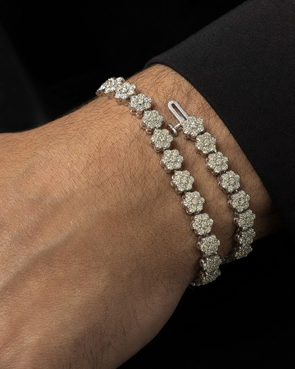 Male model wearing 14K 5.5MM Flower Diamond Bracelet 8.5"