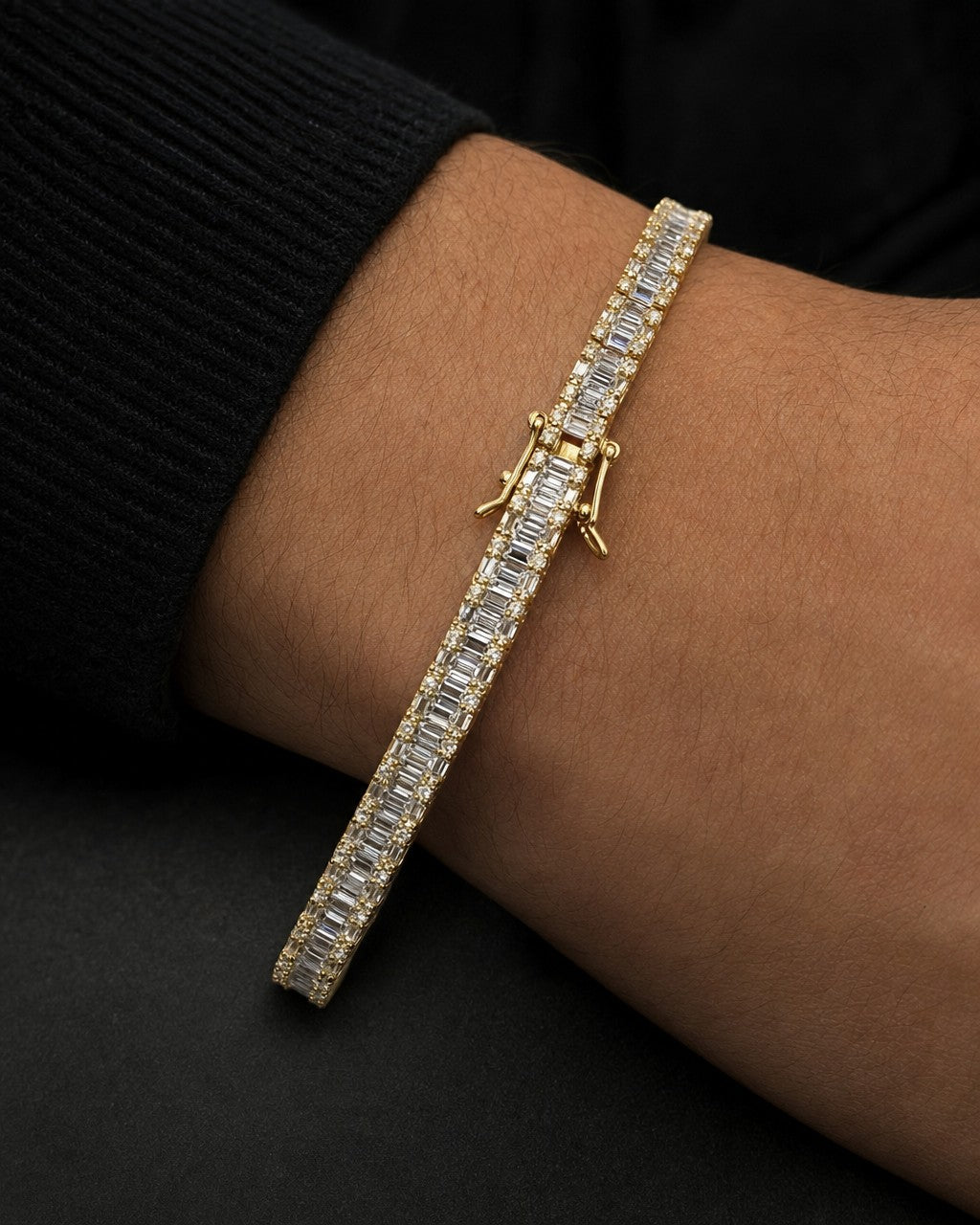 Male model wearing 14K 4.5MM Tennis Diamond Baguette Bracelet 8"