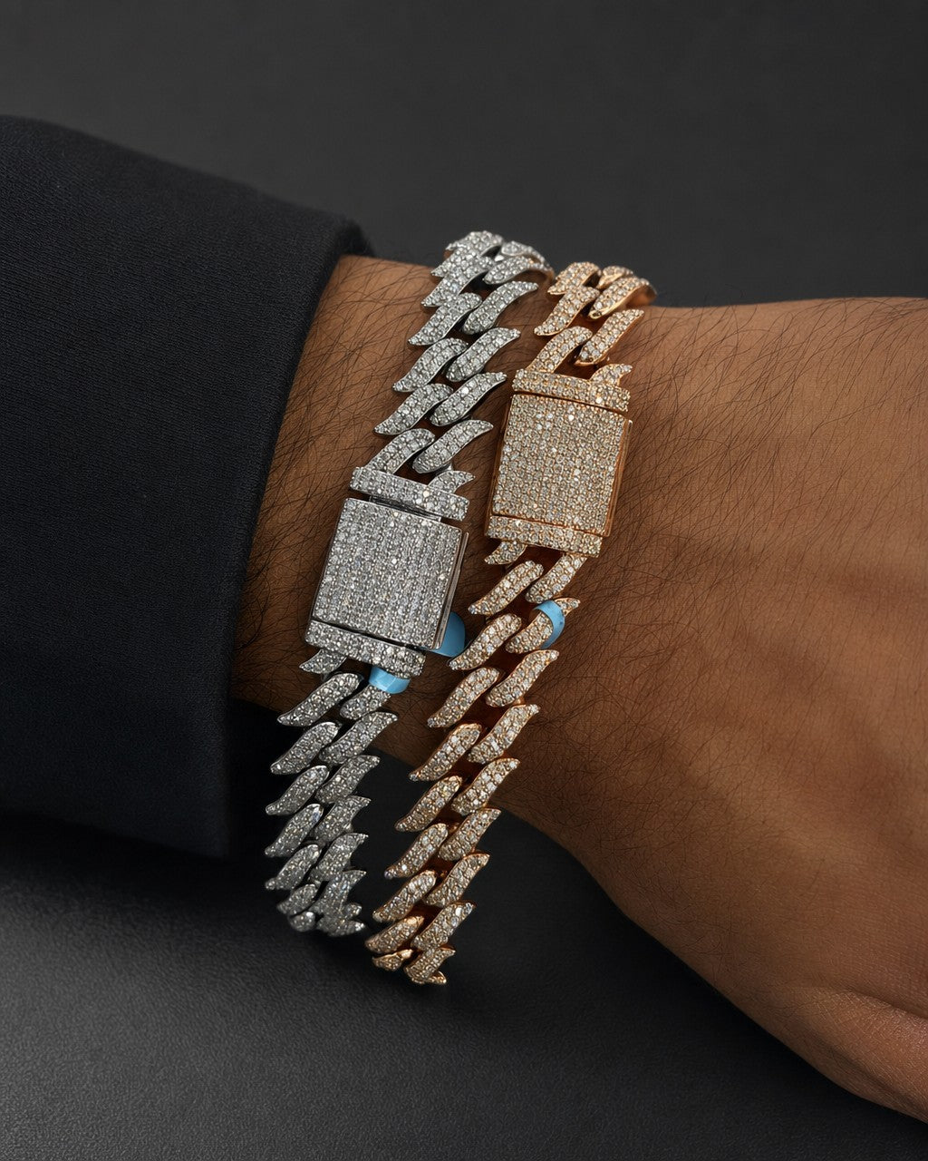 Male model wearing 14K 10MM Thorn Cuban Link Diamond Bracelet 8"