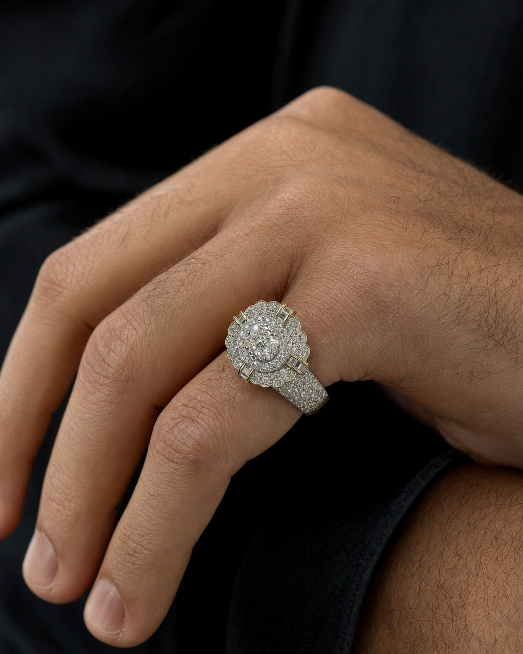 Male model wearing 10K Divine Flower Diamond Ring