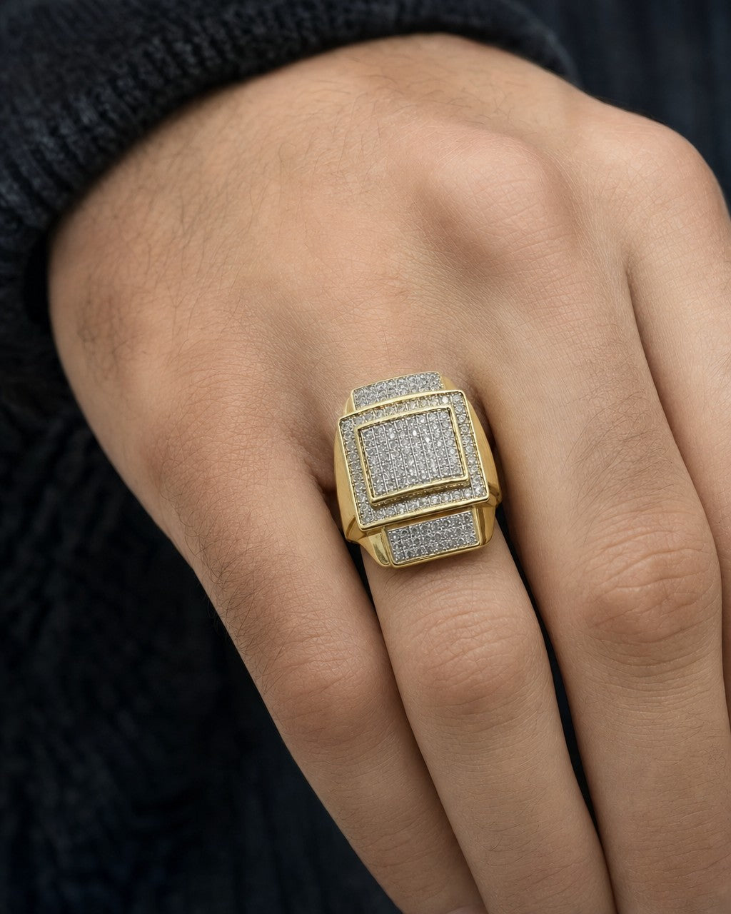 Male model wearing 10K 3D Square Diamond Ring