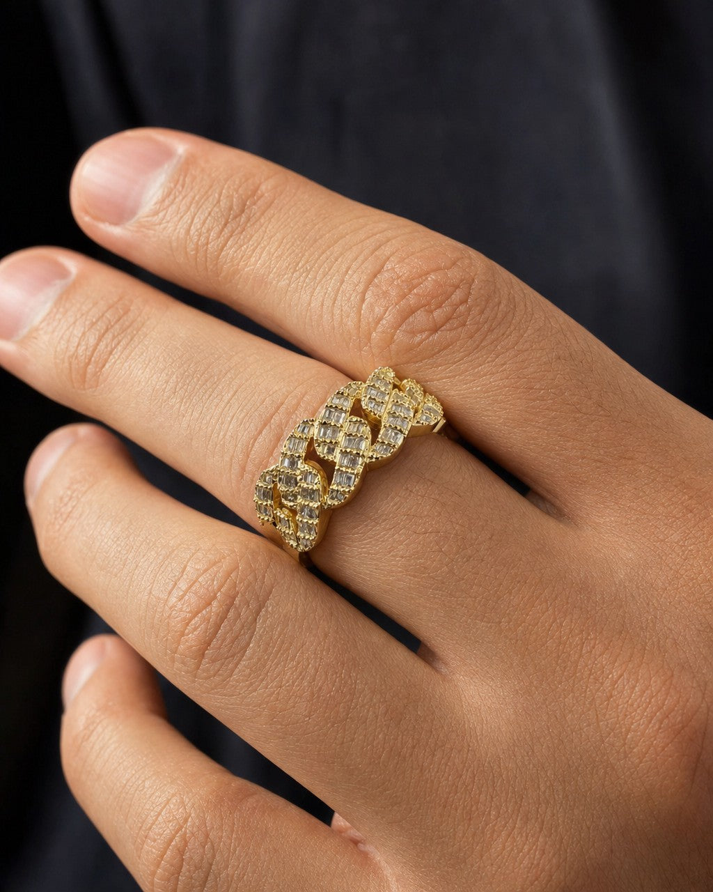 Male model wearing 10K Bold Cuban Link Diamond Baguette Ring