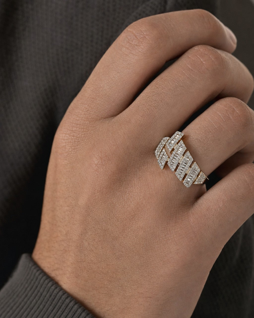 Male model wearing 10K Razer Sharp Cuban Link Diamond Baguette Ring
