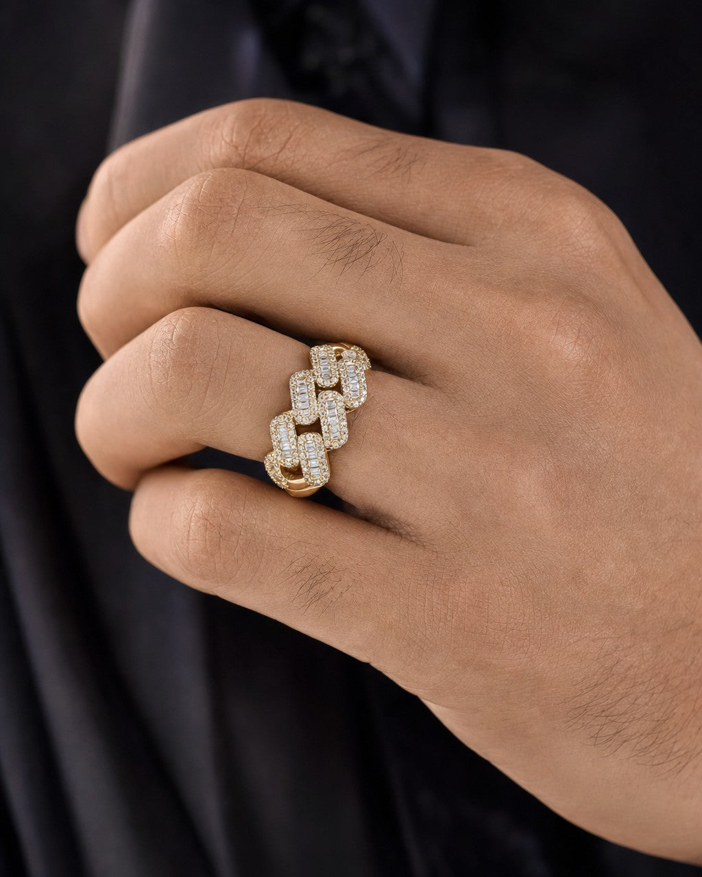 Male model wearing 10K Chubby Cuban Link Diamond Baguette Ring