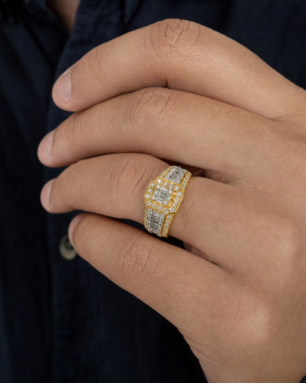 Male model wearing 10K Champion Diamond Baguette Ring