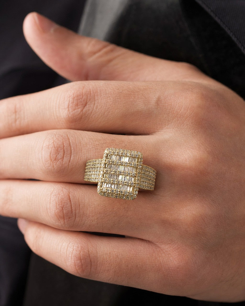 Male model wearing 10K Rectangle Baguette Diamond Ring
