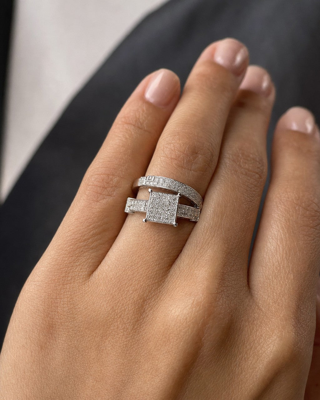 Female model wearing 10K Pixel Diamond Engagement Ring with Band