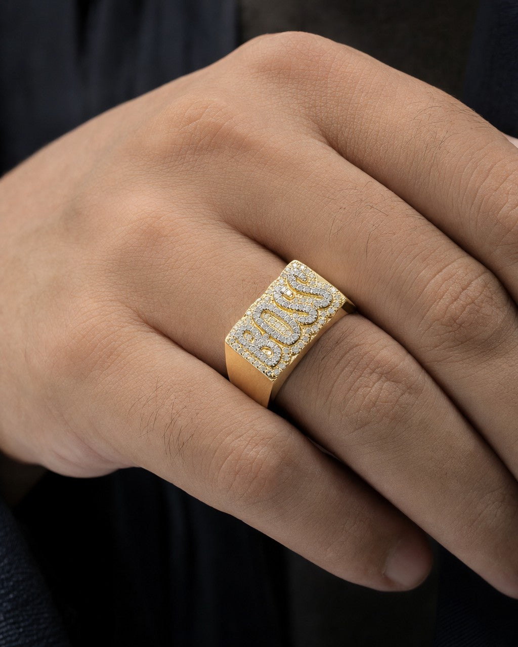 Male model wearing 10K Boss Name Plate Diamond Ring