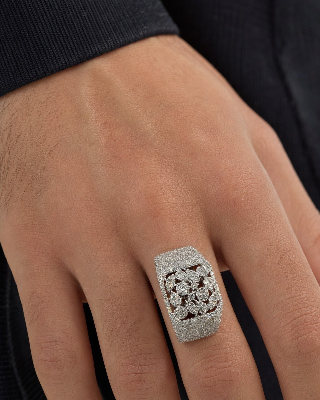 Male model wearing 10K Floral Square Diamond Ring
