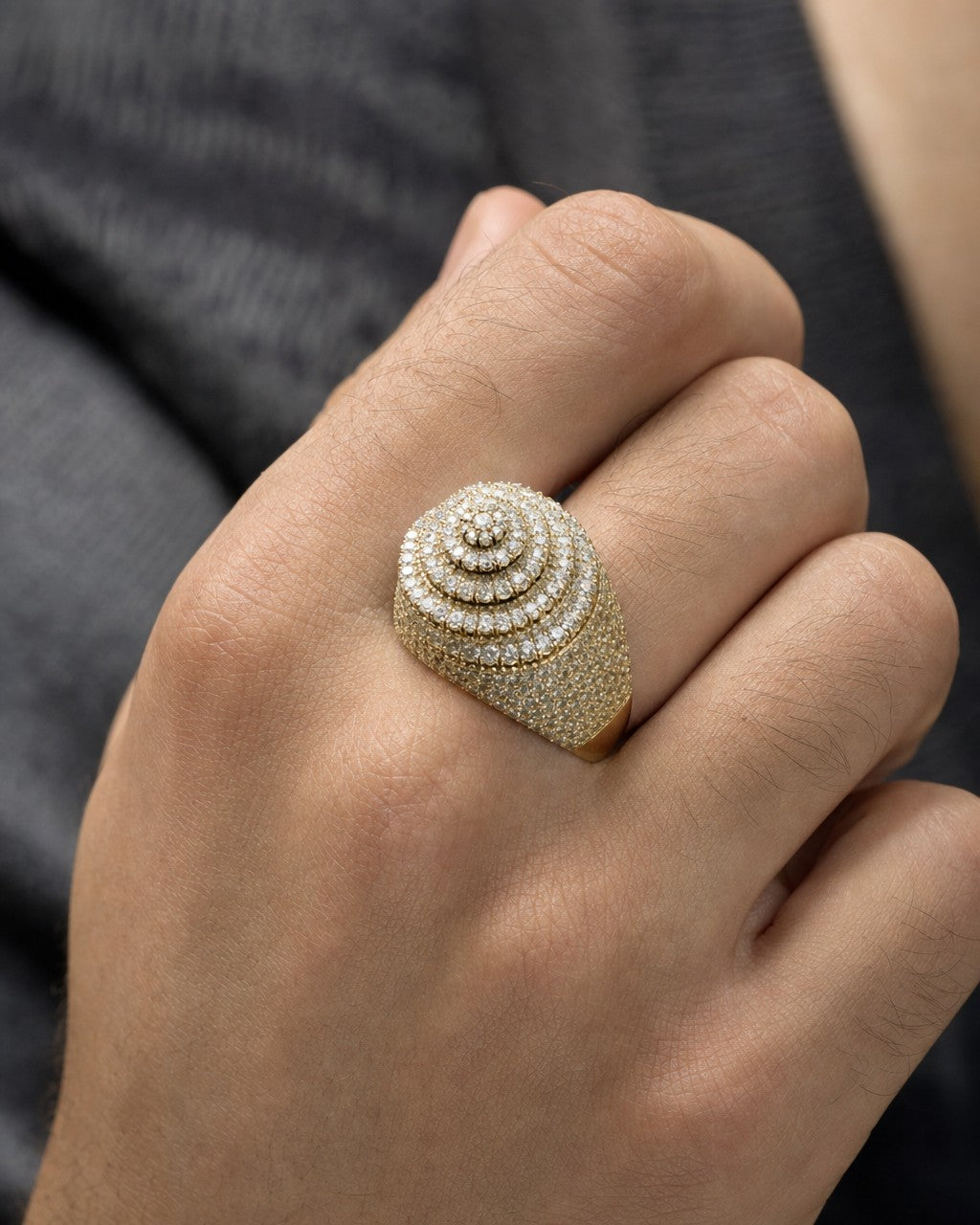 Male model wearing 10K Jumbo Circle Cake Diamond Ring