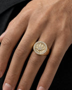 Male model wearing 10K Marijuana Leaf Circle Crest Diamond Ring