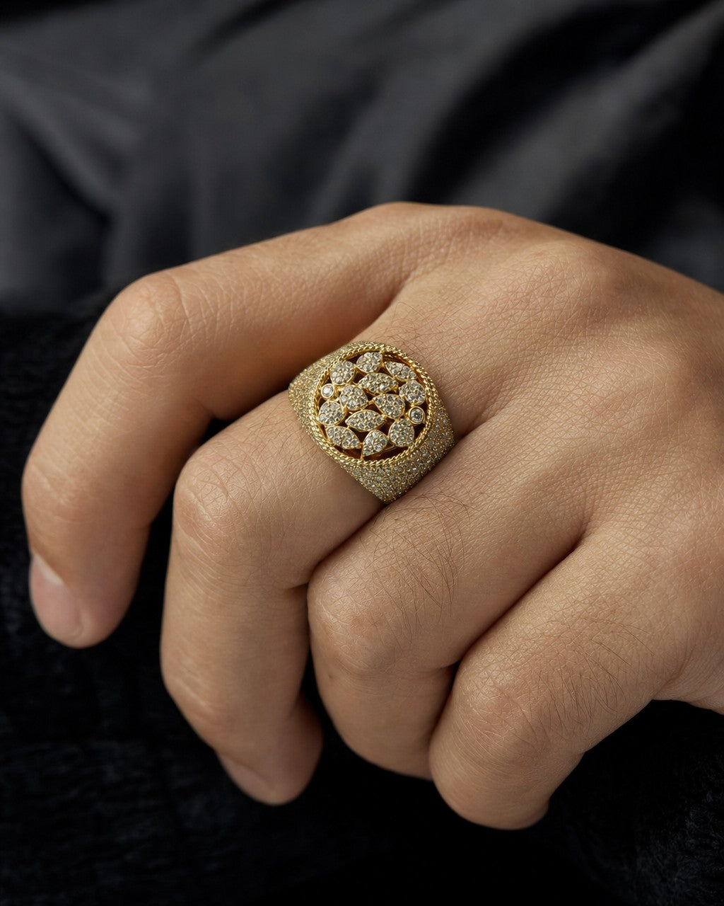 Male model wearing 10K Floral Round Diamond Ring