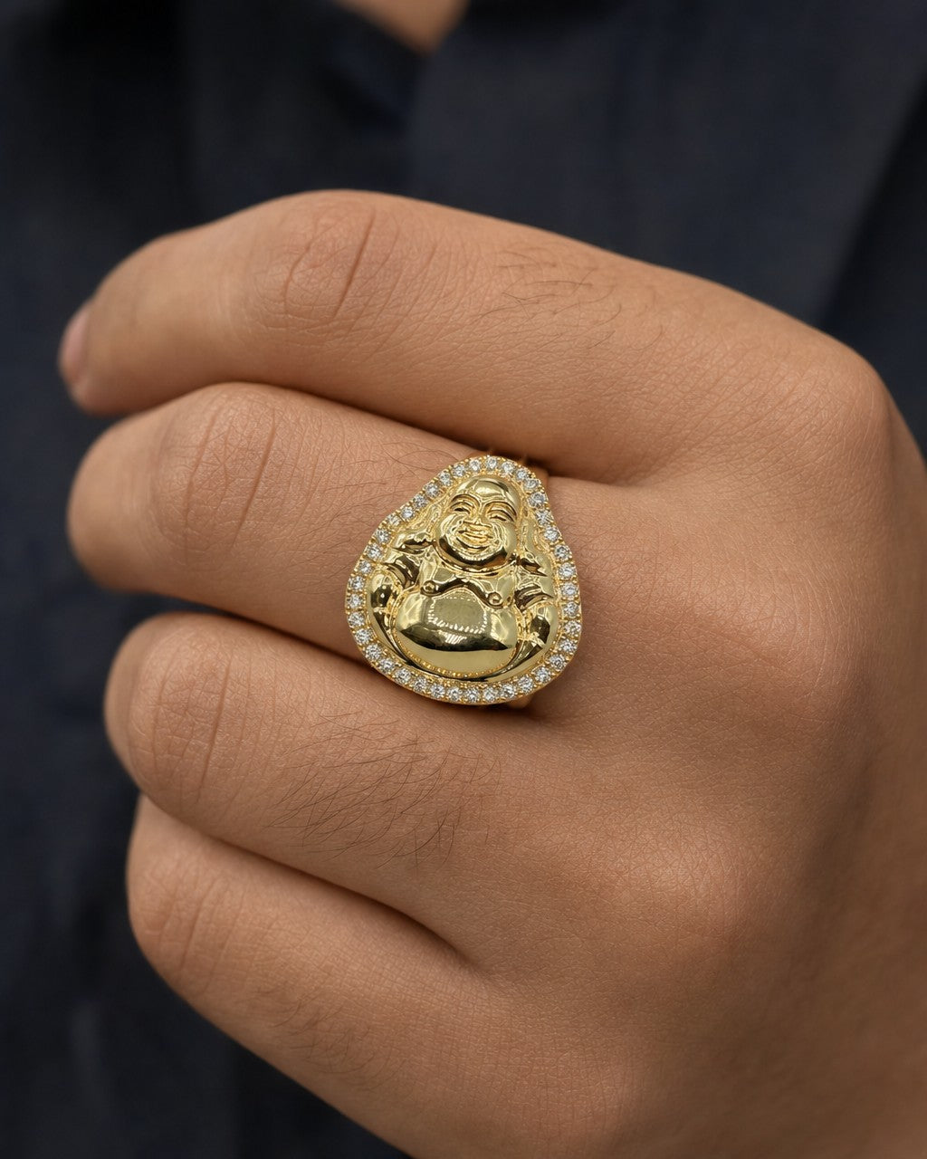 Male model wearing 10K Lucky Buddha Diamond Ring