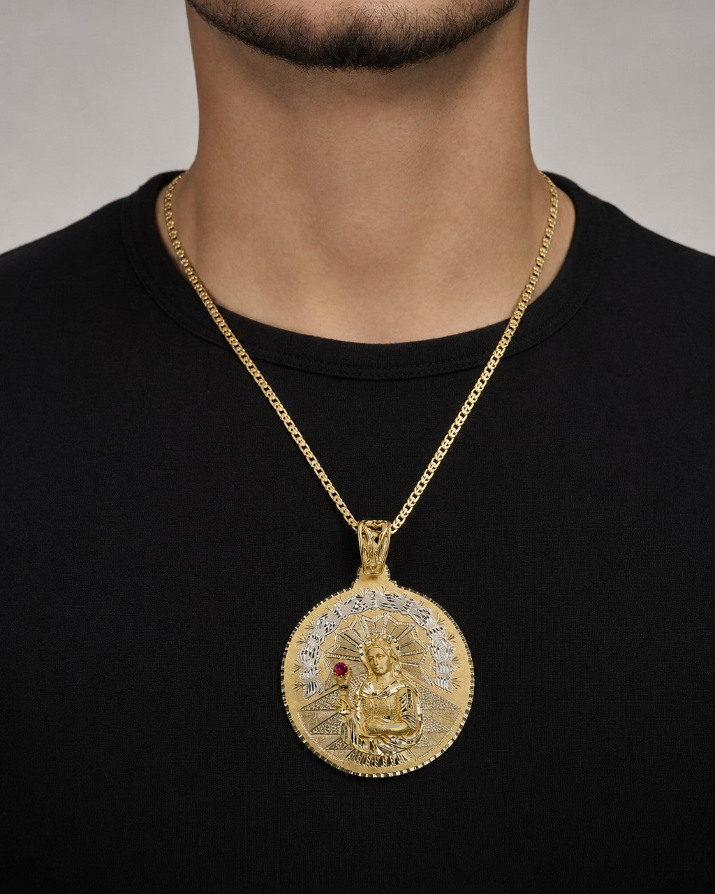 Male model wearing 10K Saint Barbara Pendant - 3.75"