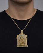 Male model wearing 10K Saint Barbara Pendant - 4.5"