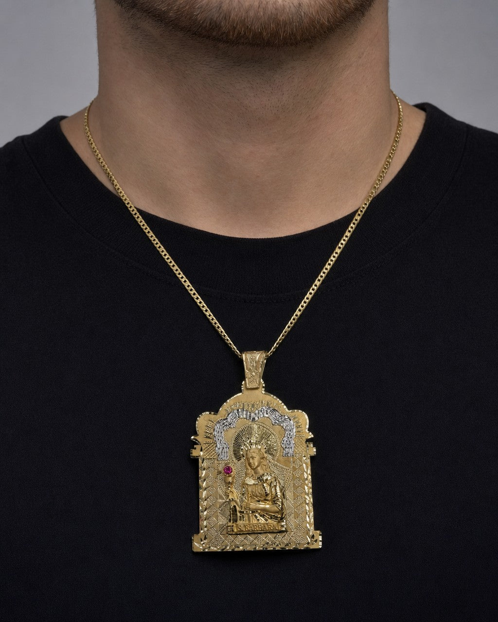 Male model wearing 10K Saint Barbara Pendant - 4.5"