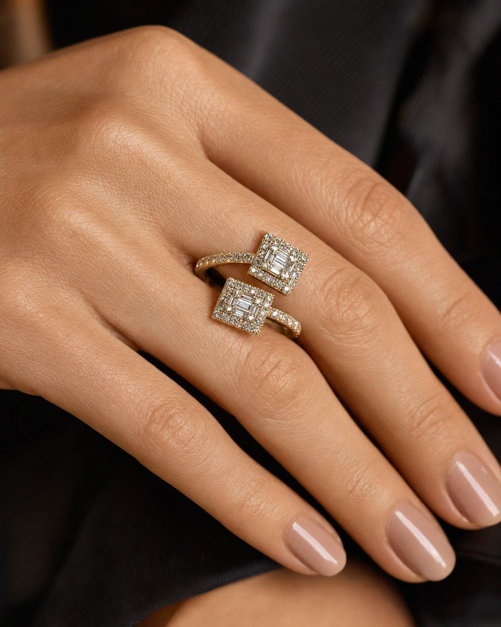 Female model wearing 14K Twist Square Diamond Engagement Ring