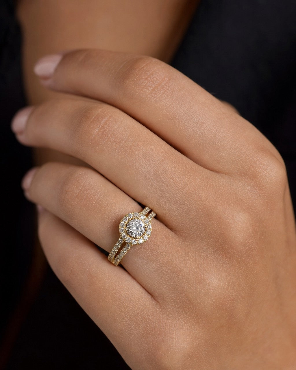 Female model wearing 14K Jumbo Center Diamond Halo Engagement Ring