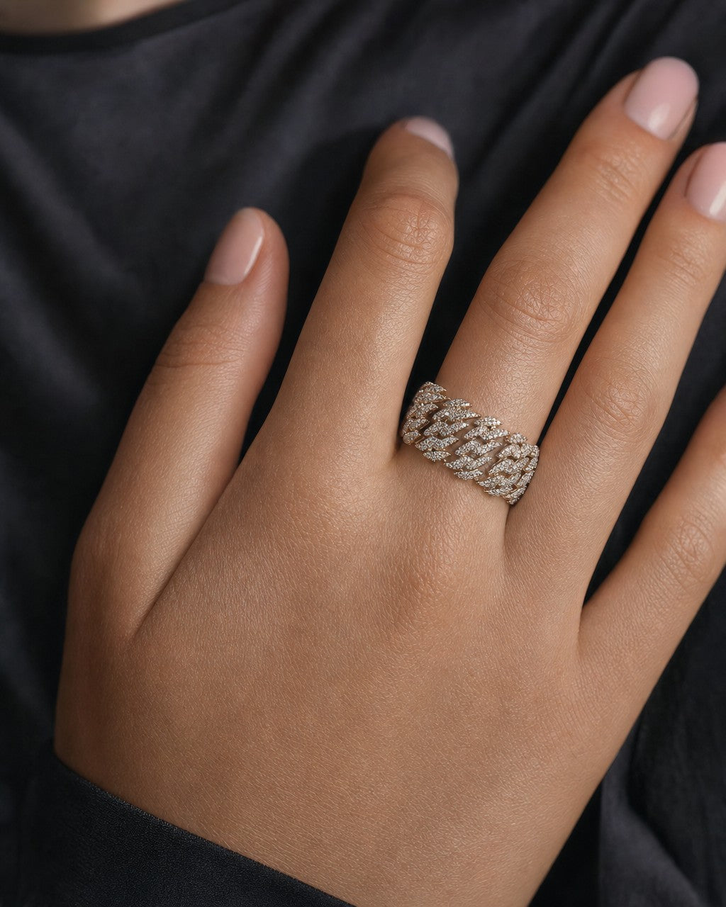 Female model wearing 14K Eternity Cuban Thorn Diamond Ring