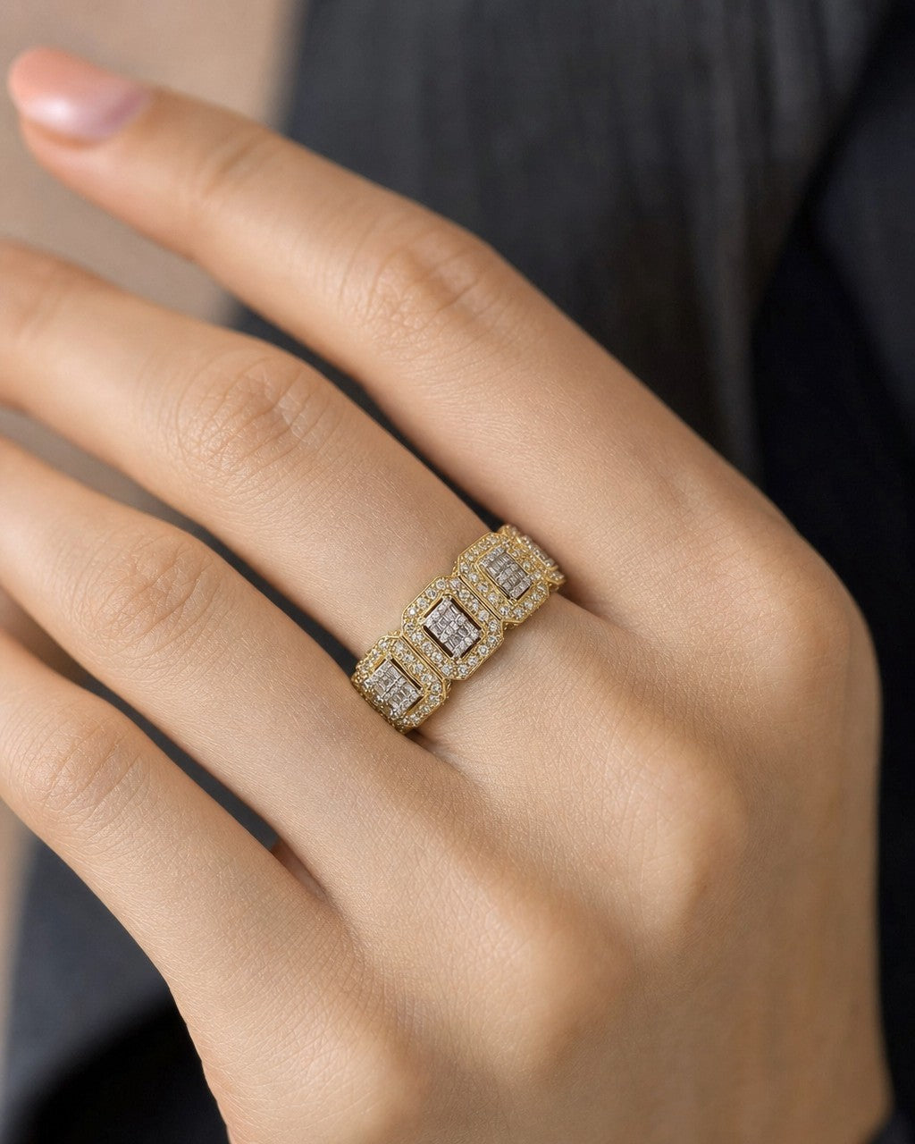 Female model wearing 14K Eternity Square Diamond Baguette Ring