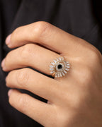 Female model wearing 14K Lady Evil Eye Baguette Diamond Ring