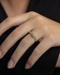 Female model wearing 14K Yellow Gold Double Band Diamond Engagement Ring