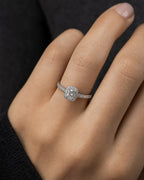 Female model wearing 14K Square Halo Diamond Engagement Ring