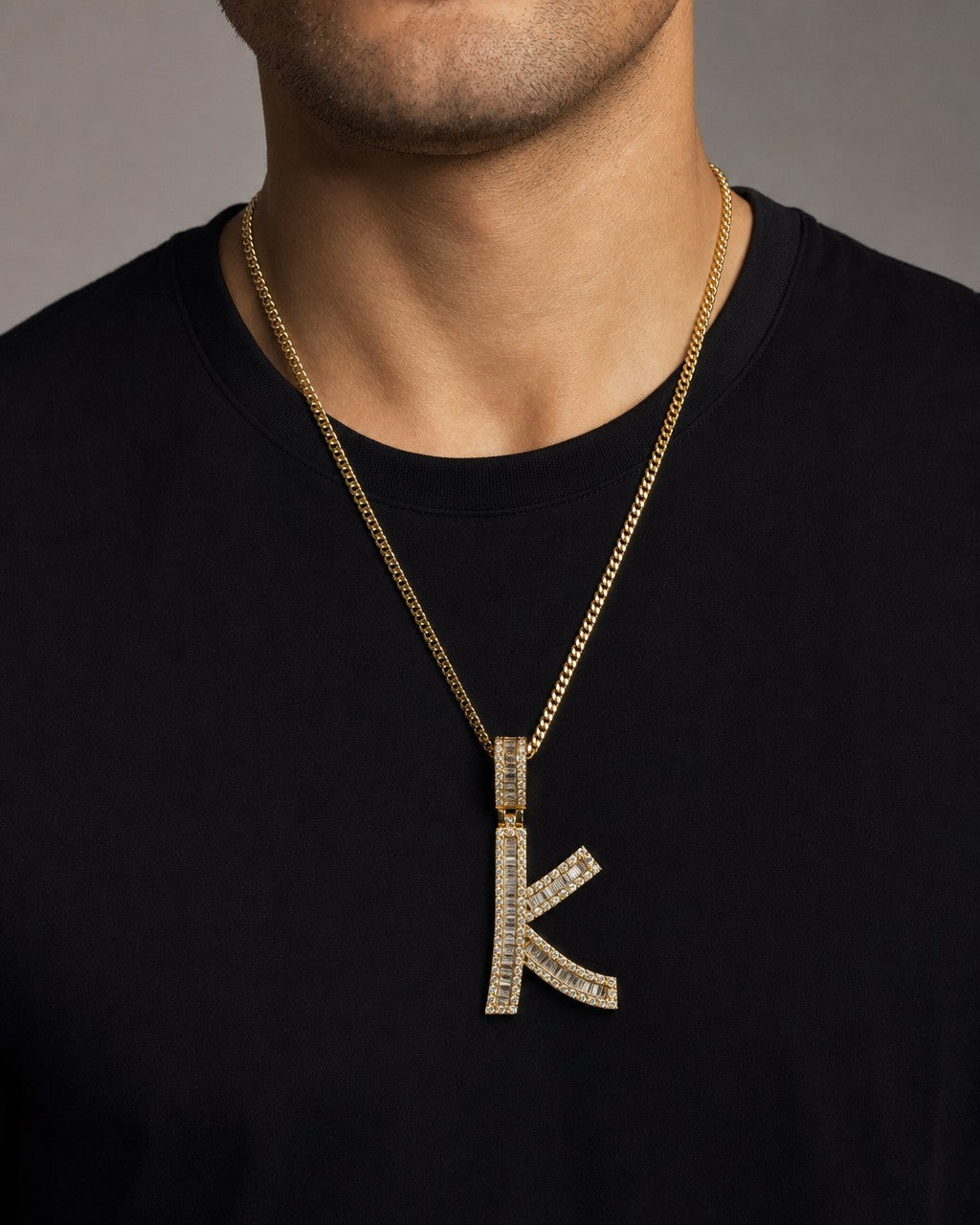 Male model wearing 14K Initial K Diamond Baguette Pendant