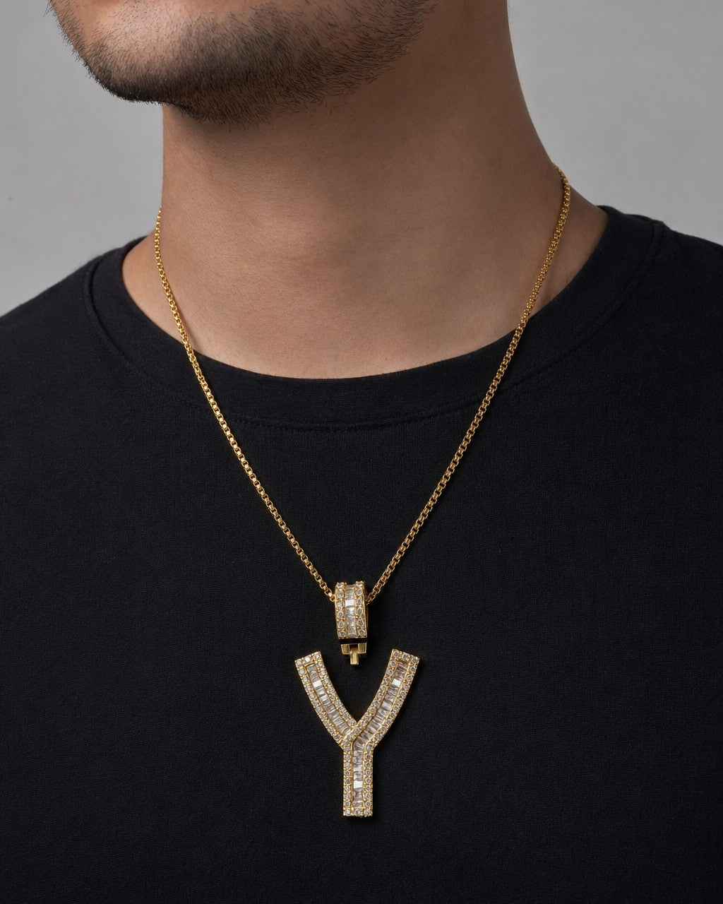 Male model wearing 14K Initial Y Diamond Baguette Pendant
