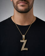 Male model wearing 14K Initial Z Diamond Baguette Pendant