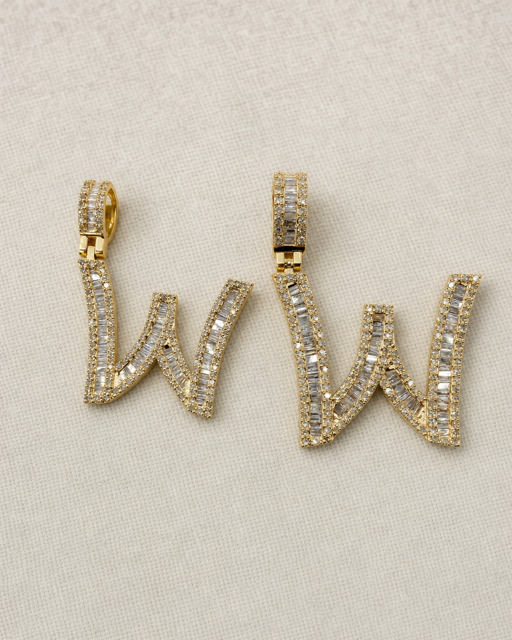 14K Initial W Diamond Baguette Pendant styled photo