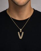 Male model wearing 14K Initial V Diamond Baguette Pendant